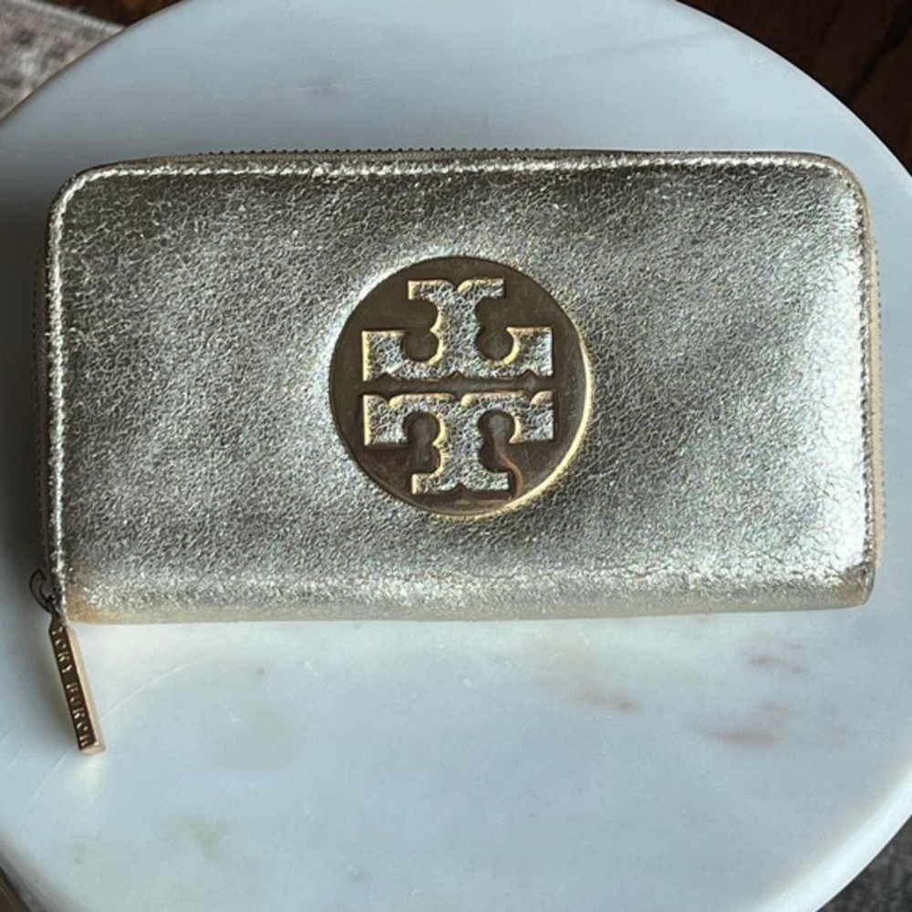 Tory Burch Distressed‎ Gold Metallic Zip Around Wallet Clutch Wristlet